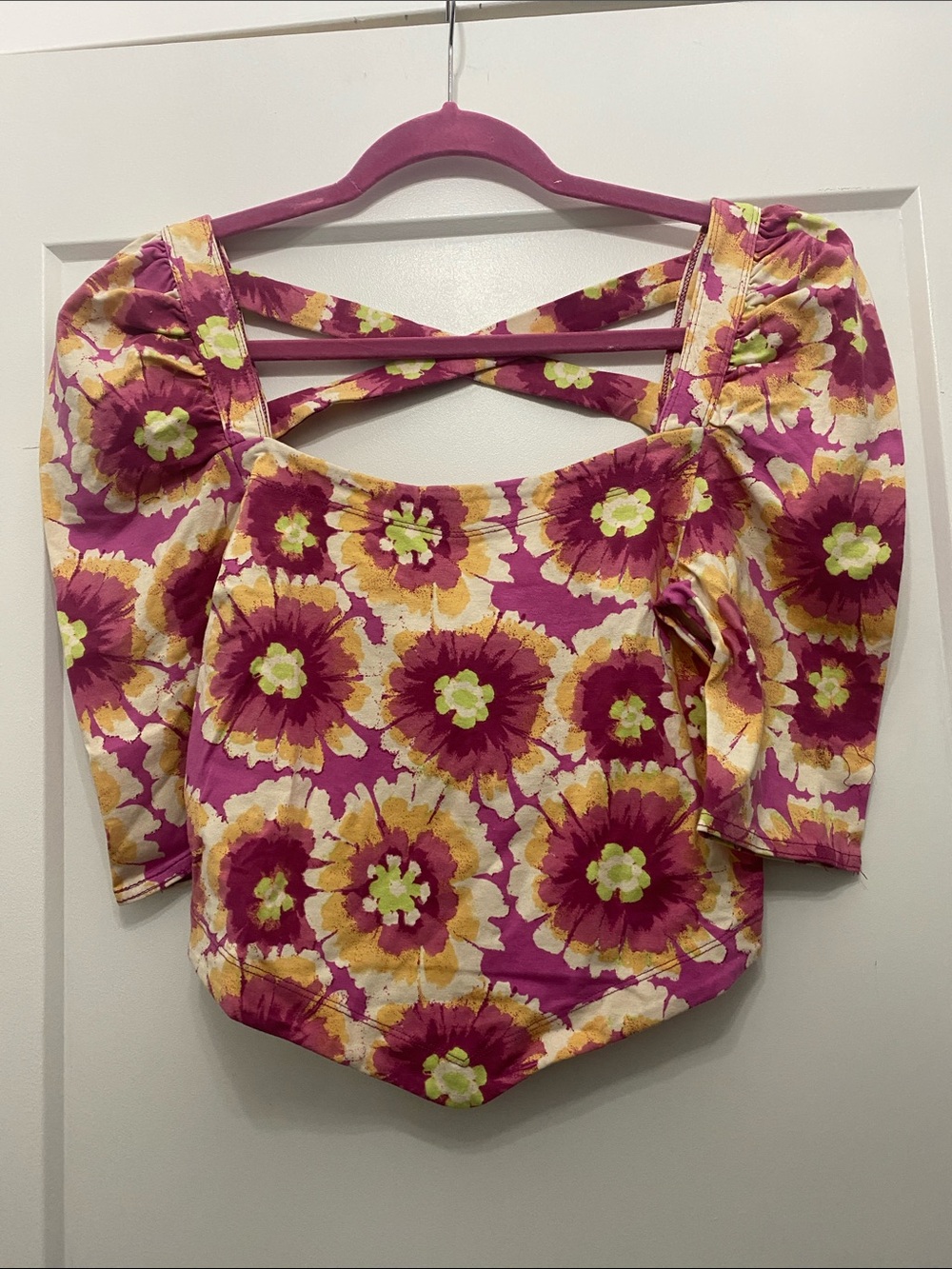 Free People Magenta Floral Puff-Sleeve Crop Top with Crisscross Back